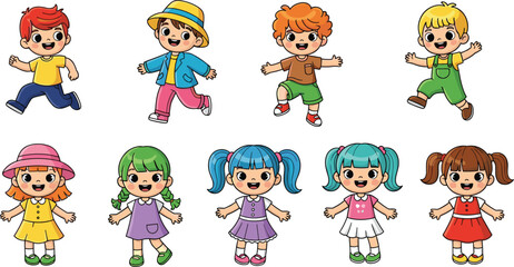 Adorable Cartoon Kids with Diverse Outfits and Expressions, Perfect for Children's Illustrations and Fun Designs flat vector illustration