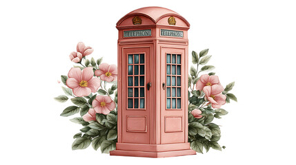 Charming pink british telephone booth adorned with delicate pink flowers and lush green foliage isolated on transparent background
