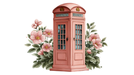 Charming pink british telephone booth adorned with delicate pink flowers and lush green foliage isolated on transparent background
