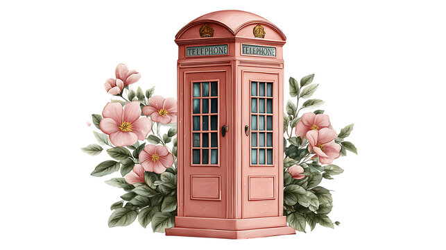 Charming pink british telephone booth adorned with delicate pink flowers and lush green foliage isolated on transparent background