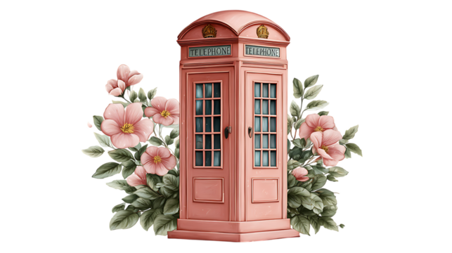 Charming pink british telephone booth adorned with delicate pink flowers and lush green foliage isolated on transparent background