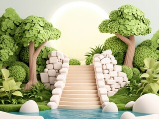 Pastel, lush forest scene with steps
