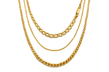 Gold chains of different weaving hanging on transparent background, creating a luxurious and stylish image