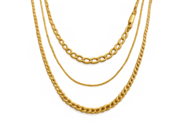 Gold chains of different weaving hanging on transparent background, creating a luxurious and stylish image