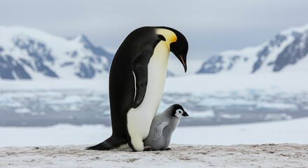 Obraz premium Penguin and chick on snowy landscape