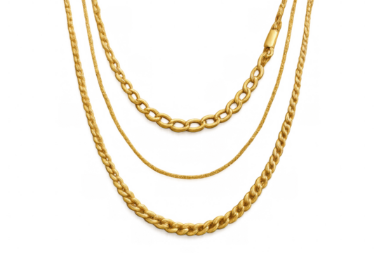 Gold chains of different weaving hanging on transparent background, creating a luxurious and stylish image