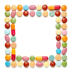 Colorful Pills and Capsules Frame for Doctors Office Clip Art, Health and Wellness Design, Isolated on White Background