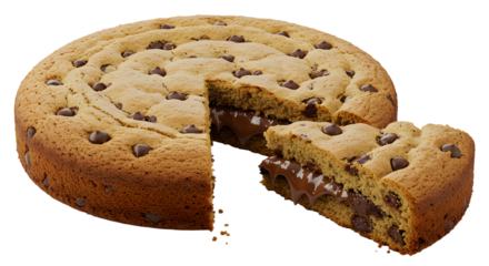 A delicious chocolate chip cookie cake with a gooey center, freshly baked and partially sliced, set against a clean background