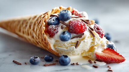 Front view of icecream cone with three different scoops of ice cream, featuring rich, creamy textures and vibrant colors, set against a clean white background,commercial use