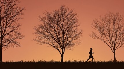 Silhouette of a runner at sunset amongst bare trees.