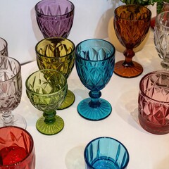 Colorful Glassware with Tabletop, Drinks, Party, and Home Decor.