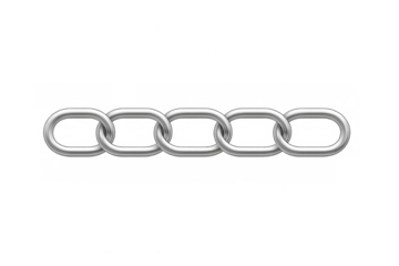 Silver chain link displaying metallic interconnected loops, representing connection and structural integrity against transparent backdrop