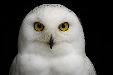 Obraz premium Close-up of a snowy owl’s white feathers and yellow eyes on black background