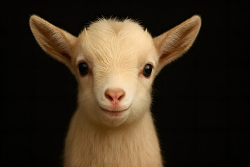 Fototapeta premium Close-up of a baby goat’s playful face with soft fur on black background
