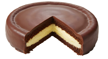 Obraz premium A delicious chocolate-coated cake with a creamy filling, beautifully sliced to reveal its layers, perfect for dessert lovers