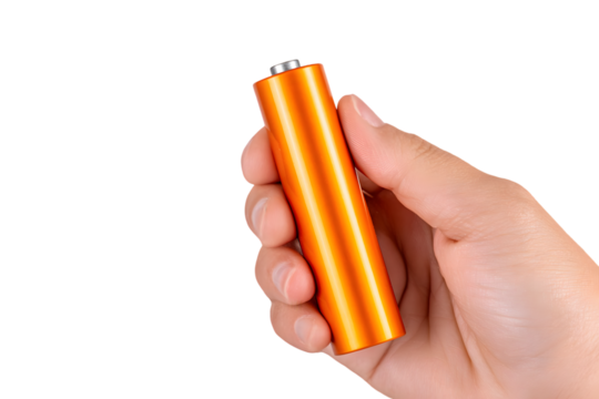 A hand holds a vibrant orange battery against a black background showcasing its sleek design and power