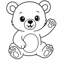 Fototapeta premium : A sweet little baby bear sitting and waving its paw with a big friendly smile. The black and white outline is simple and charming—perfect for kids to color and enjoy.