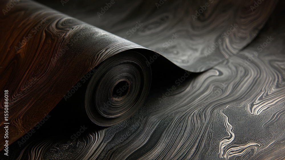 Poster textured material roll with a dramatic swirling dark pattern, showcasing intricate details and
