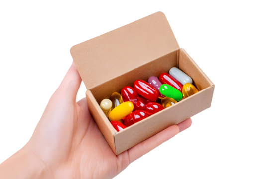 Hand holding a cardboard box filled with colorful capsules and pills vitamins supplements healthcare - Powered by Adobe