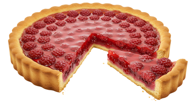 A delicious raspberry tart with a slice removed, showcasing its glossy filling and crumbly crust on a white background