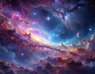 Cosmic Nebula with Fantasy Space Landscape, Stars, and Planets.
