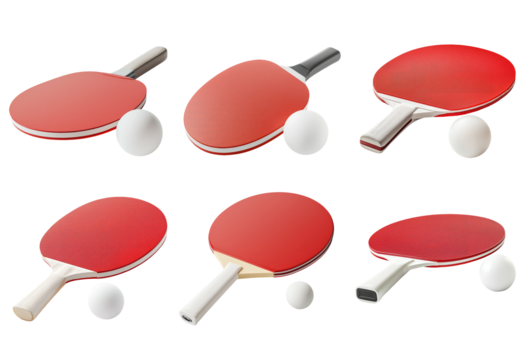 Assorted Red Table Tennis Paddles and Balls on a White Background