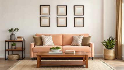 Stylish Peach Sofa in a Modern Living Room with Minimalist Decor