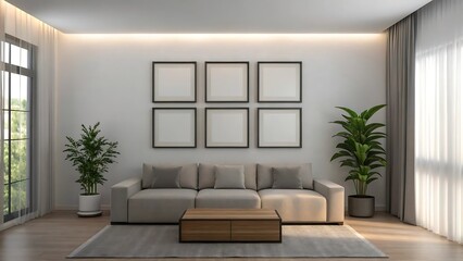 Modern Living Room Interior Design with Blank Picture Frames