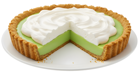 A delicious slice of key lime pie on a white plate, showcasing its creamy filling and whipped topping, perfect for dessert lovers