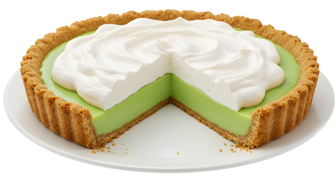 A delicious slice of key lime pie on a white plate, showcasing its creamy filling and whipped topping, perfect for dessert lovers