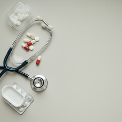 Medical Supplies and Healthcare Tools: Stethoscope, Pills, and Tablets on a Neutral Background