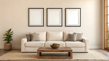 Cozy Beige Living Room with Blank Frames and Wooden Accent Pieces