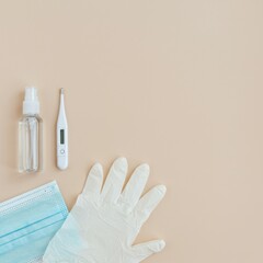 Essential Hygiene Kit: Protective Gloves, Hand Sanitizer, Thermometer, and Face Mask for Health and Safety