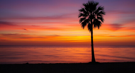 Silhouette Palm Tree at Vibrant Sunset Beach