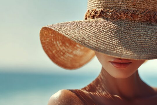 A beautiful woman wearing a stylish straw hat under the summer sun.