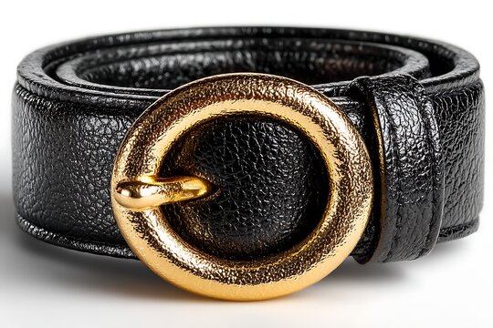 Close up of a black leather belt with a gold circular buckle on white surface on transparent background