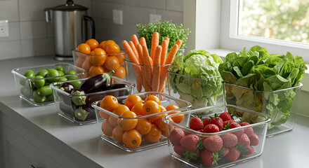 Colorful Fresh Fruits and Vegetables in Clear Storage Containers on Kitchen Counter