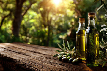 Artistic display of olive oil bottles on a rustic wooden table