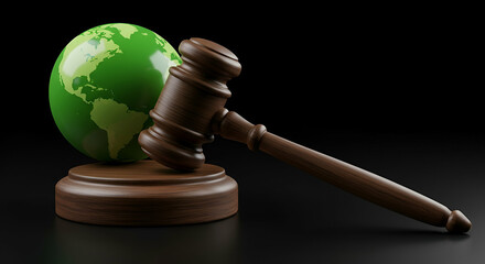 Green Globe and Wooden Gavel on Dark Background