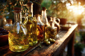 Olive oil bottles and fresh olives on a sunlit wooden table