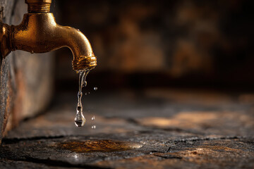 Droplets fall from a worn faucet on a cracked sink surface