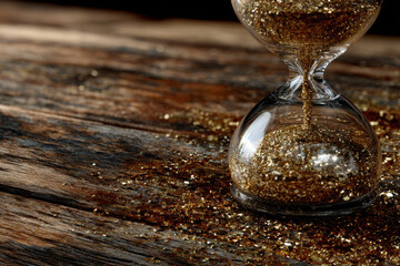 Golden sand hourglass nearly empty on a wooden table
