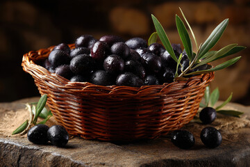 Freshly picked olives in a basket on stone table with leaves