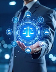 Digital Law with Justice, Legal Tech, Businessman, and Scales.