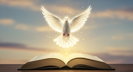 White Dove Descending Upon Open Holy Book at Sunset