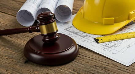 Gavel, Hard Hat, and Blueprints on Wooden Table