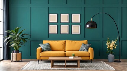 Modern living room interior design with a comfortable sofa, stylish furniture, and warm lighting creates a luxurious and inviting home atmosphere