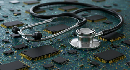 Stethoscope on Green Circuit Board: Medical Technology Concept