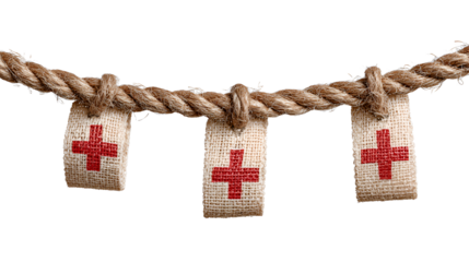 Red Crosses on Burlap Connected by Twine
