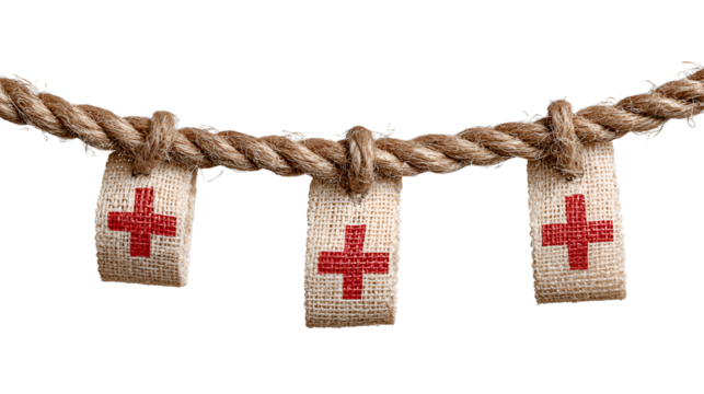 Red Crosses on Burlap Connected by Twine